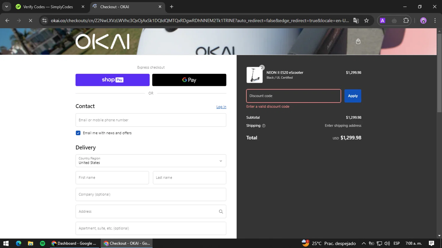 OKAI discount code screenshot showing code NQ3GBGQ7 applied at OKAI checkout page. Uploaded by SimplyCodes community member jesusguqnipatwo on Feb 18, 2025