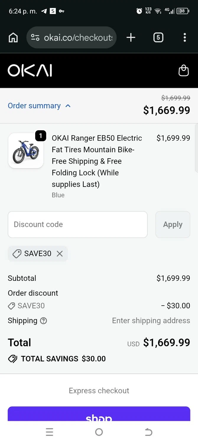 OKAI promo code screenshot showing code SAVE30 applied at OKAI checkout page. Uploaded by SimplyCodes community member kellymoreno on Jun 12, 2026