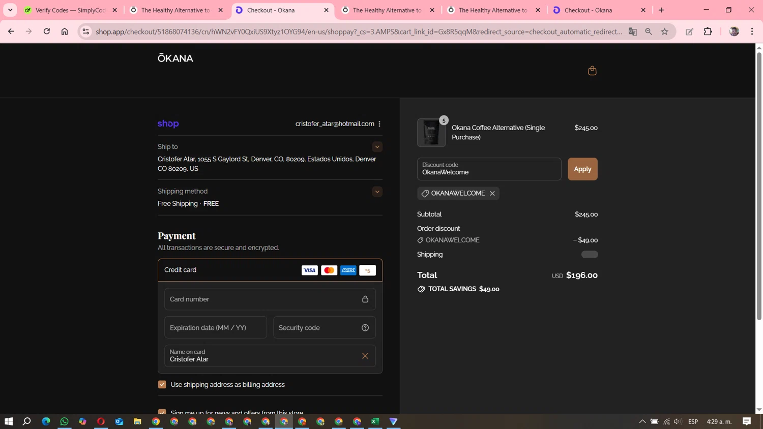 Okana promo code screenshot showing code OkanaWelcome applied at Okana checkout page. Uploaded by SimplyCodes community member DavGutFig on Sep 13, 2025