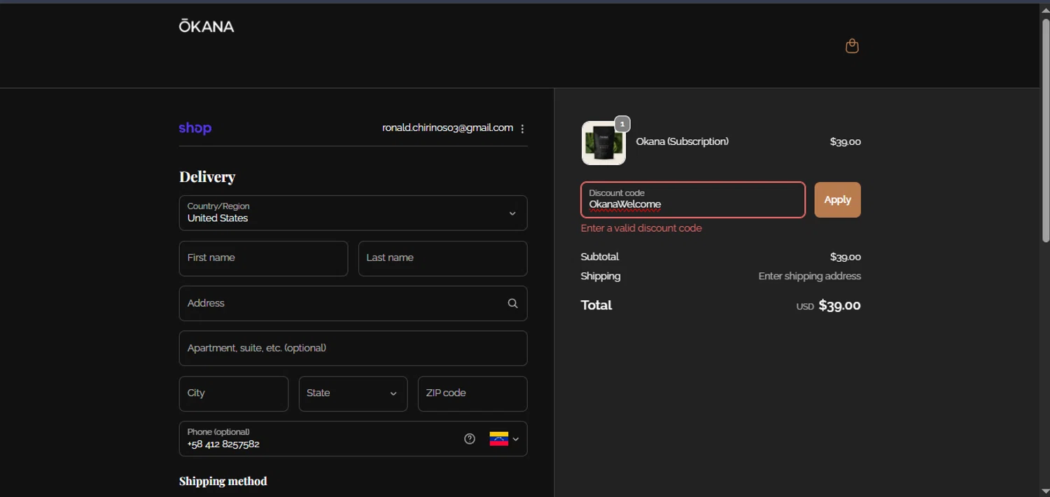 Okana promo code screenshot showing code OkanaWelcome applied at Okana checkout page. Uploaded by SimplyCodes community member PennySage5996 on Jan 28, 2026