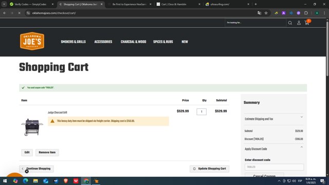 Oklahoma Joe's checkout page showing Oklahoma Joe's promo code box | Screenshot taken by SimplyCodes community member on Aug 1, 2025