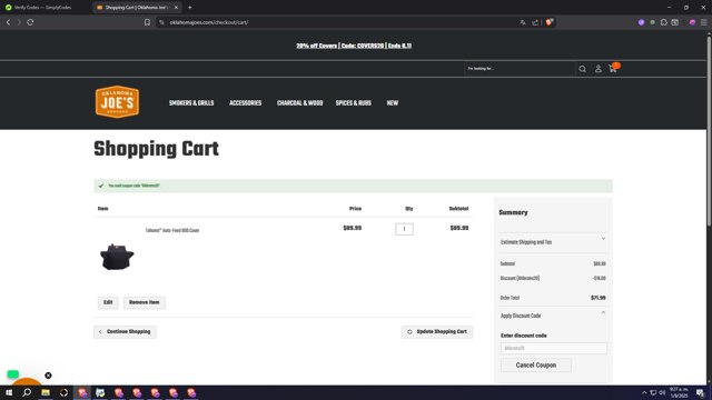 Oklahoma Joe's checkout page showing Oklahoma Joe's promo code box | Screenshot taken by SimplyCodes community member on Aug 1, 2025