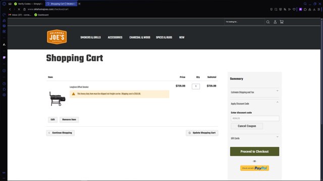 Oklahoma Joe's checkout page showing Oklahoma Joe's promo code box | Screenshot taken by SimplyCodes community member on Jul 24, 2025