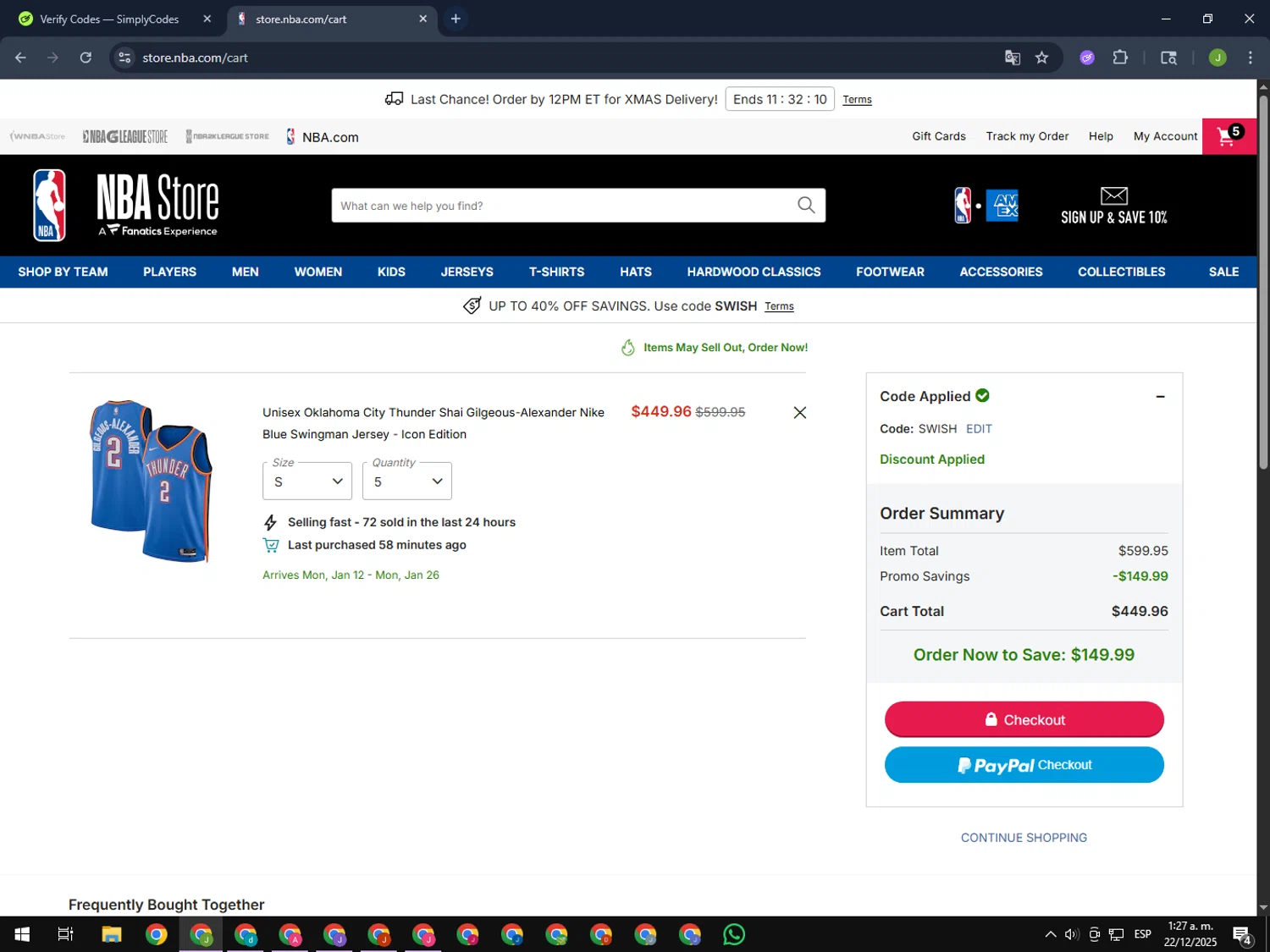 Oklahoma City Thunder checkout page showing Oklahoma City Thunder promo code box | Screenshot taken by SimplyCodes community member on Dec 22, 2025
