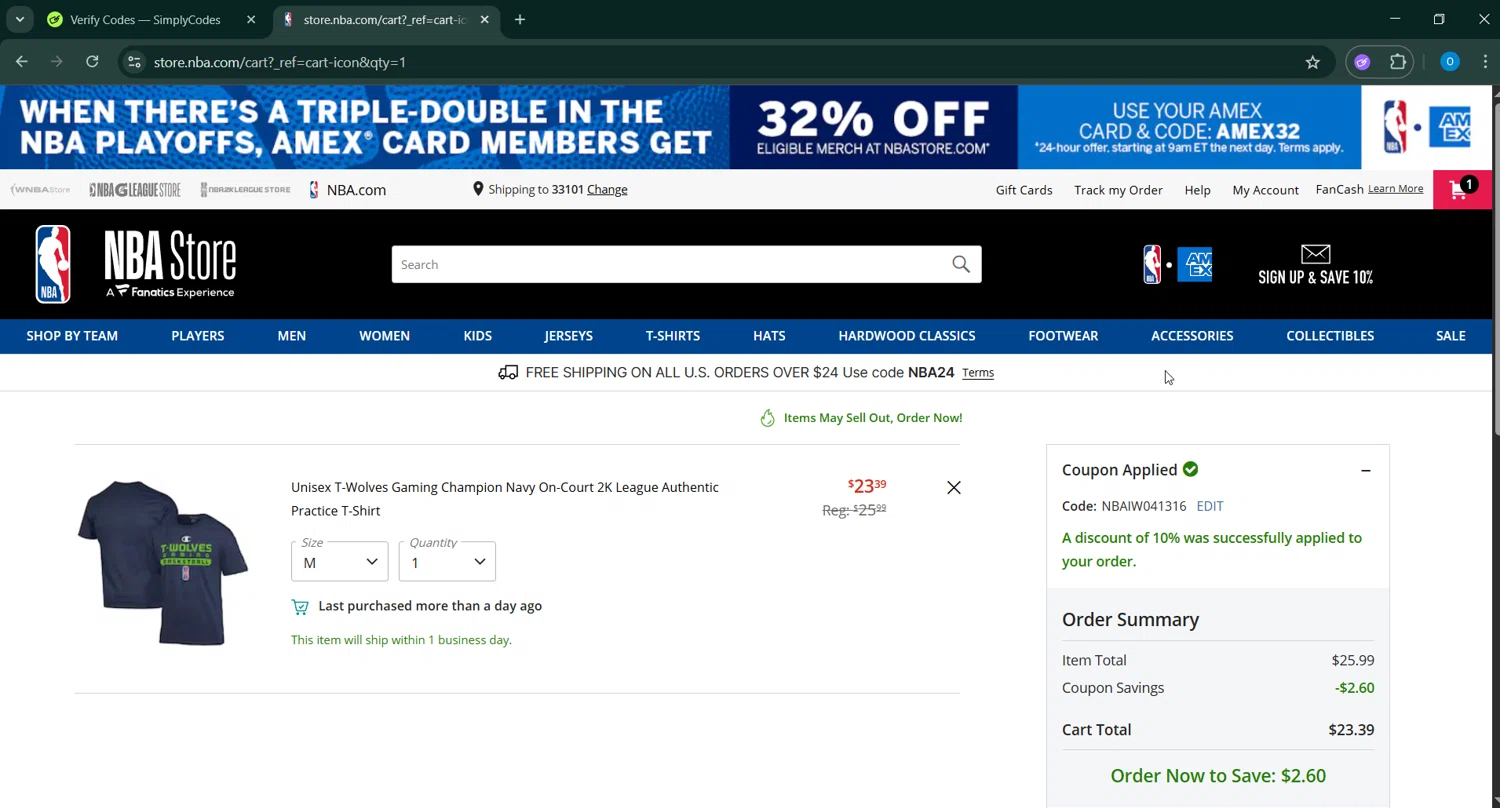 Oklahoma City Thunder promo code screenshot showing code NBAIW041316 applied at Oklahoma City Thunder checkout page. Uploaded by SimplyCodes community member GoldAdmiral5202 on Apr 30, 2025