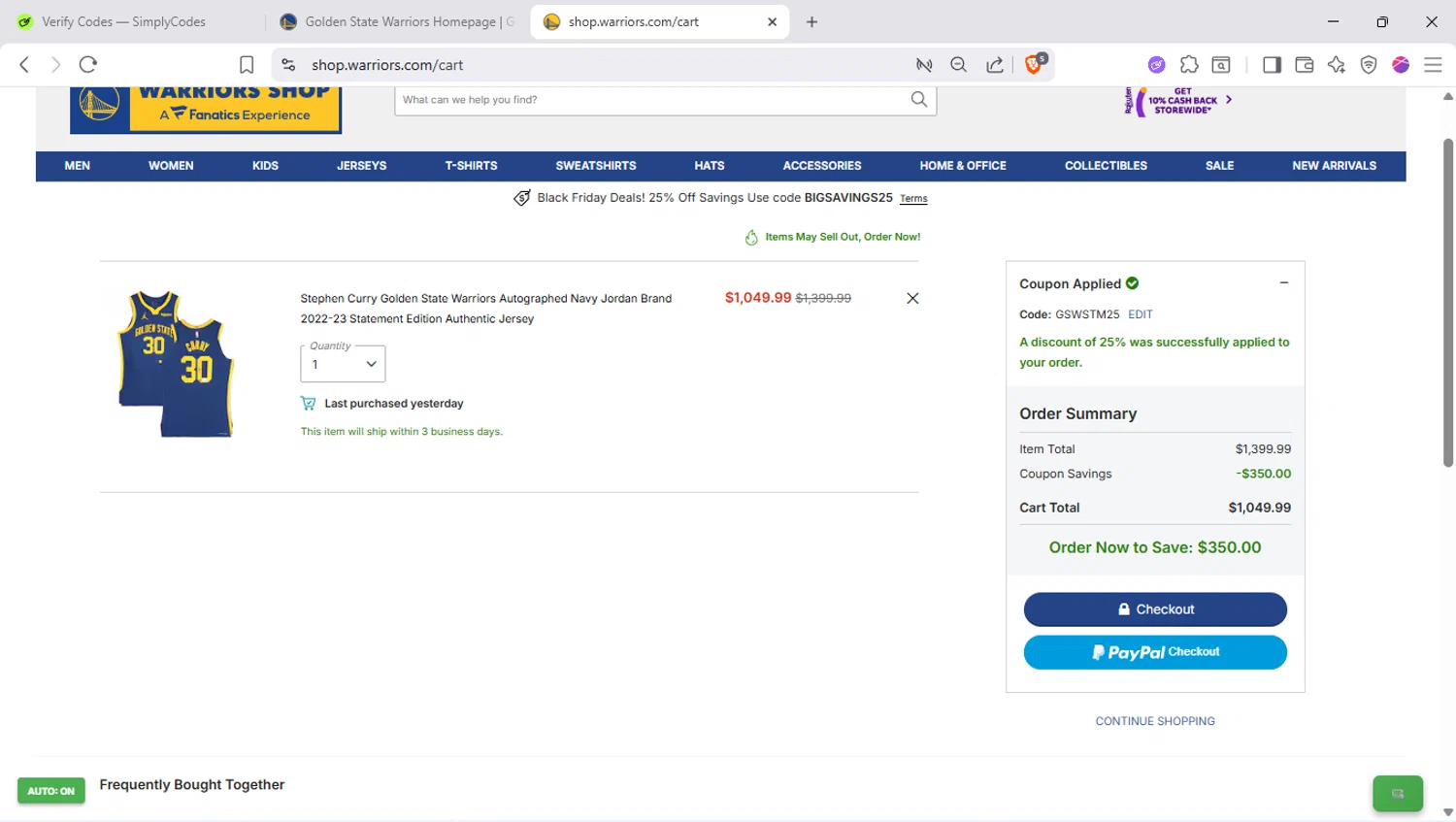 Oklahoma City Thunder promo code screenshot showing code GSWSTM25 applied at Oklahoma City Thunder checkout page. Uploaded by SimplyCodes community member SapeGato on Nov 19, 2025