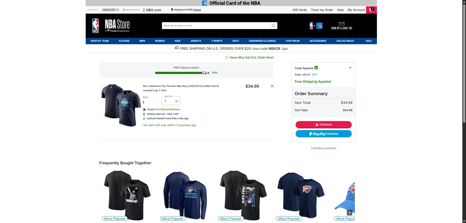 Oklahoma City Thunder checkout page showing Oklahoma City Thunder promo code box | Screenshot taken by SimplyCodes community member on Jan 12, 2026