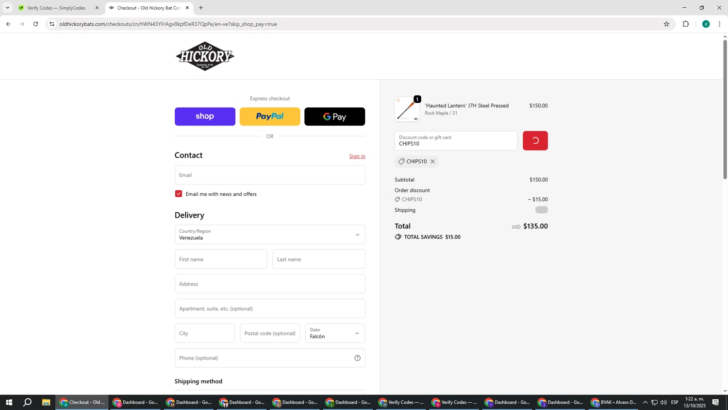Old Hickory Bat Company promo code screenshot showing code CHIPS10 applied at Old Hickory Bat Company checkout page. Uploaded by SimplyCodes community member HEROESCUDA on Oct 13, 2025