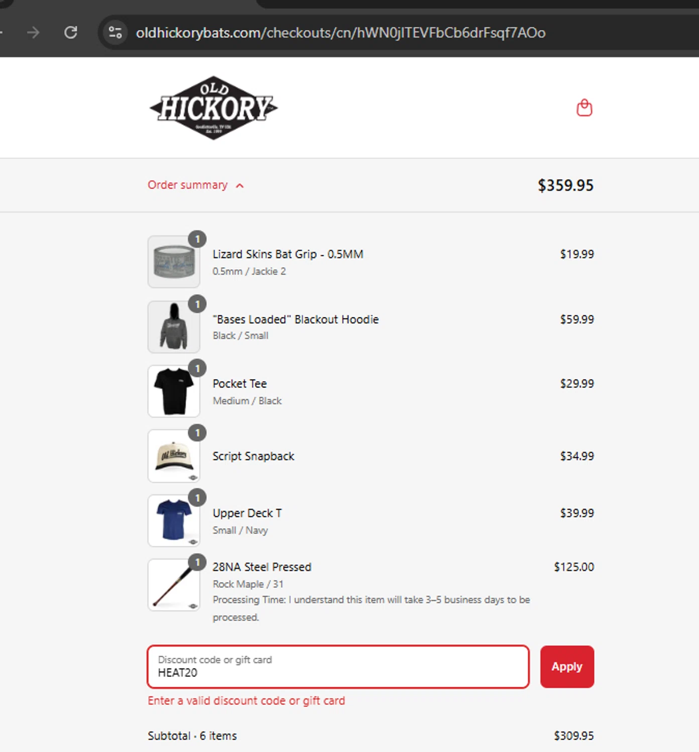 Old Hickory Bat Company promo code screenshot showing code HEAT20 applied at Old Hickory Bat Company checkout page. Uploaded by SimplyCodes community member gallantbotx on Jul 17, 2025