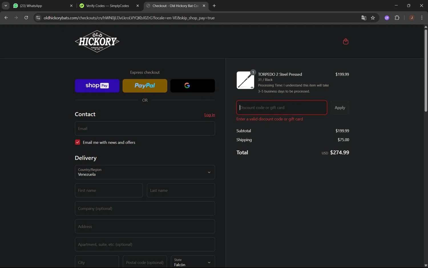 Old Hickory Bat Company promo code screenshot showing code HEAT20 applied at Old Hickory Bat Company checkout page. Uploaded by SimplyCodes community member juanx1702 on Jul 17, 2025