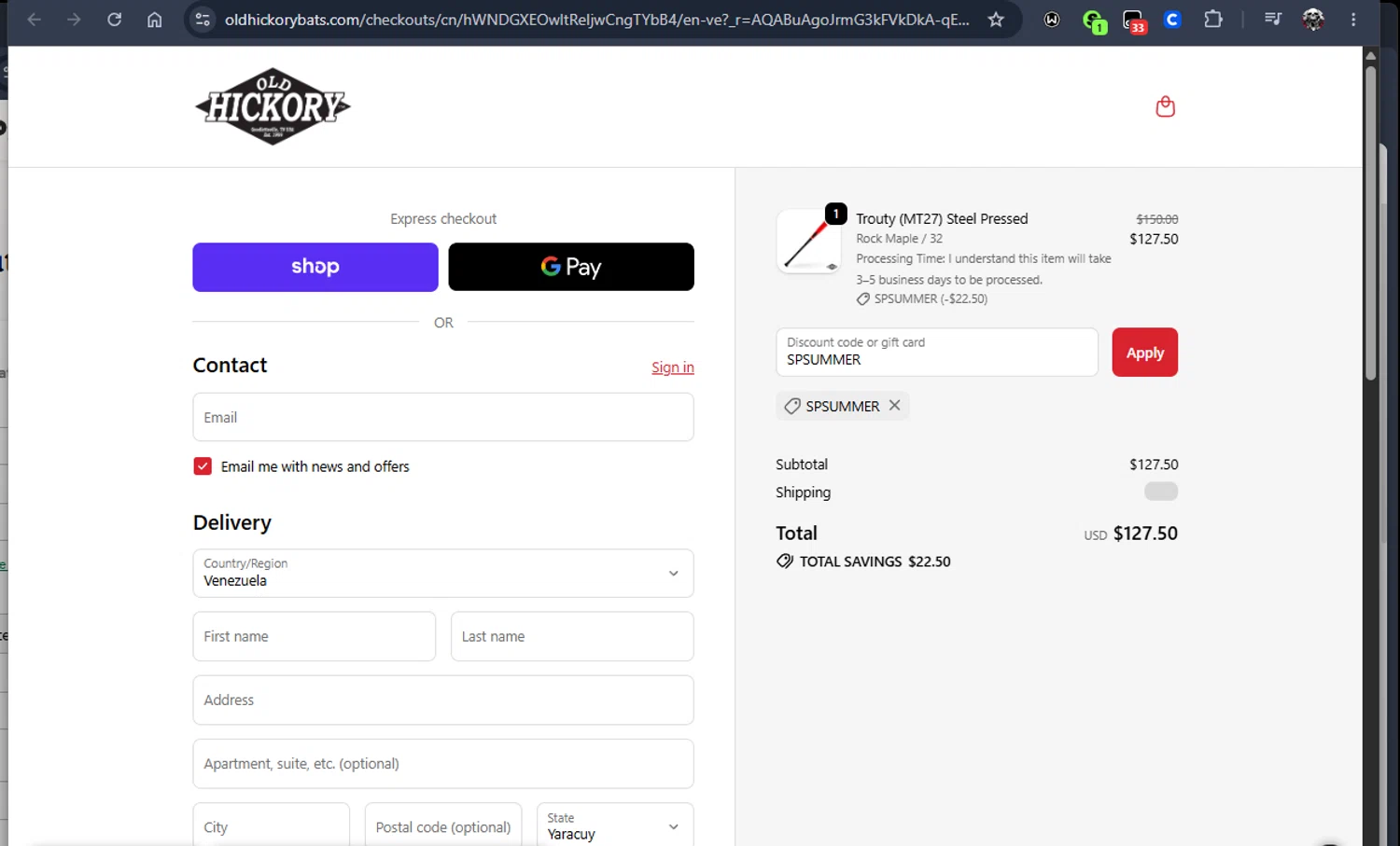 Old Hickory Bat Company promo code screenshot showing code SPSUMMER applied at Old Hickory Bat Company checkout page. Uploaded by SimplyCodes community member Jmhernand1 on Jun 12, 2026