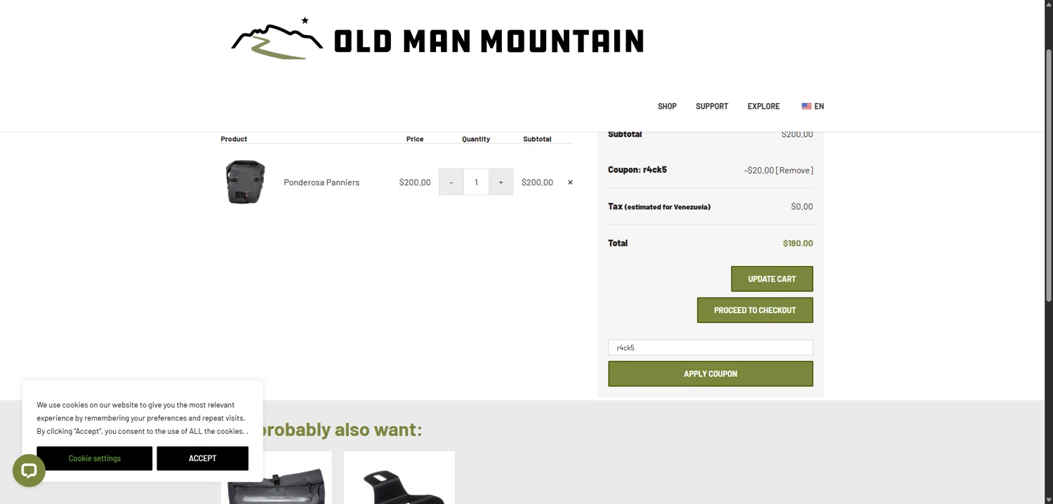 Old Man Mountain coupon code screenshot showing code r4ck5 applied at Old Man Mountain checkout page. Uploaded by SimplyCodes community member VoucherVirtuoso5207 on Oct 4, 2025