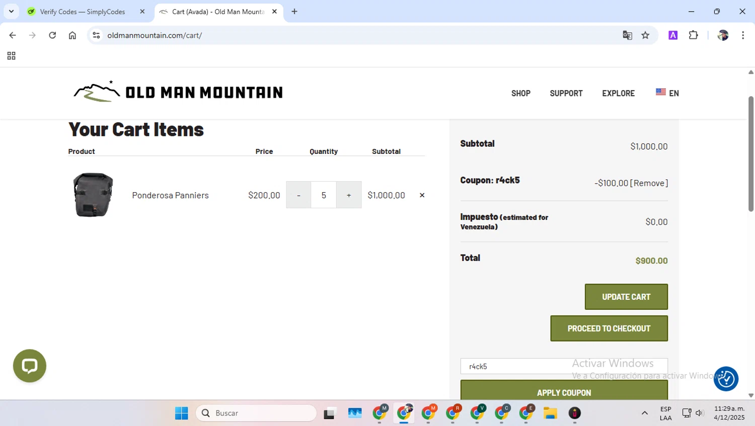 Old Man Mountain coupon code screenshot showing code r4ck5 applied at Old Man Mountain checkout page. Uploaded by SimplyCodes community member alfredohernandez on Dec 4, 2025