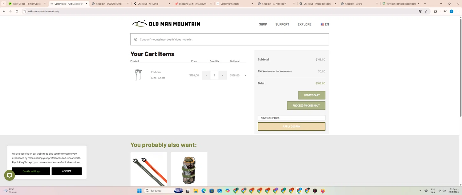 Old Man Mountain coupon code screenshot showing code mountainsordeath applied at Old Man Mountain checkout page. Uploaded by SimplyCodes community member SalvadorC1 on Mar 23, 2025