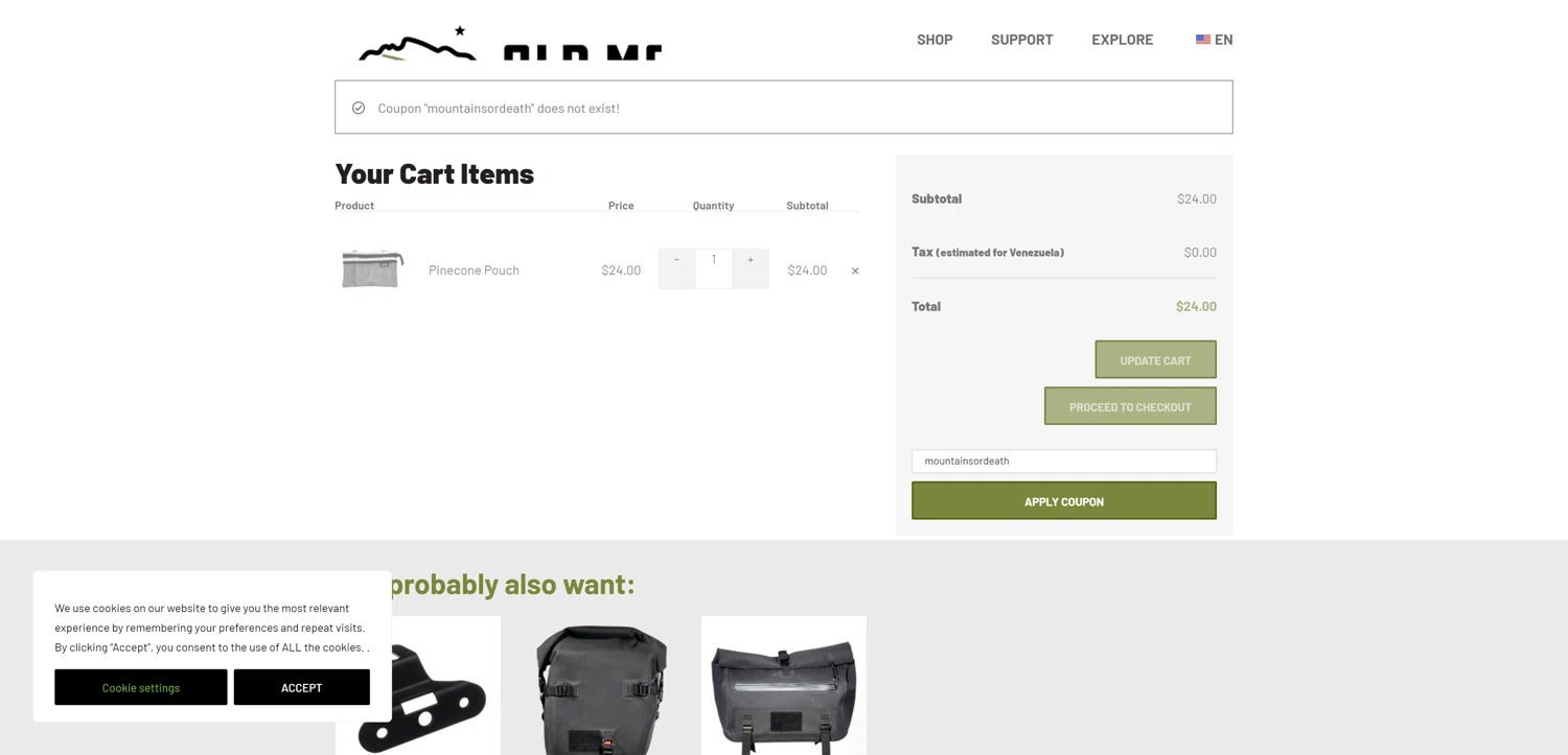 Old Man Mountain coupon code screenshot showing code mountainsordeath applied at Old Man Mountain checkout page. Uploaded by SimplyCodes community member ExtraordinaryMaven3628 on Mar 23, 2025