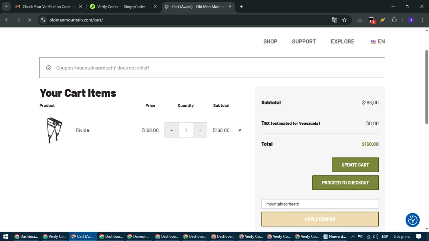 Old Man Mountain coupon code screenshot showing code mountainsordeath applied at Old Man Mountain checkout page. Uploaded by SimplyCodes community member LegendaryLegend9872 on Mar 23, 2025