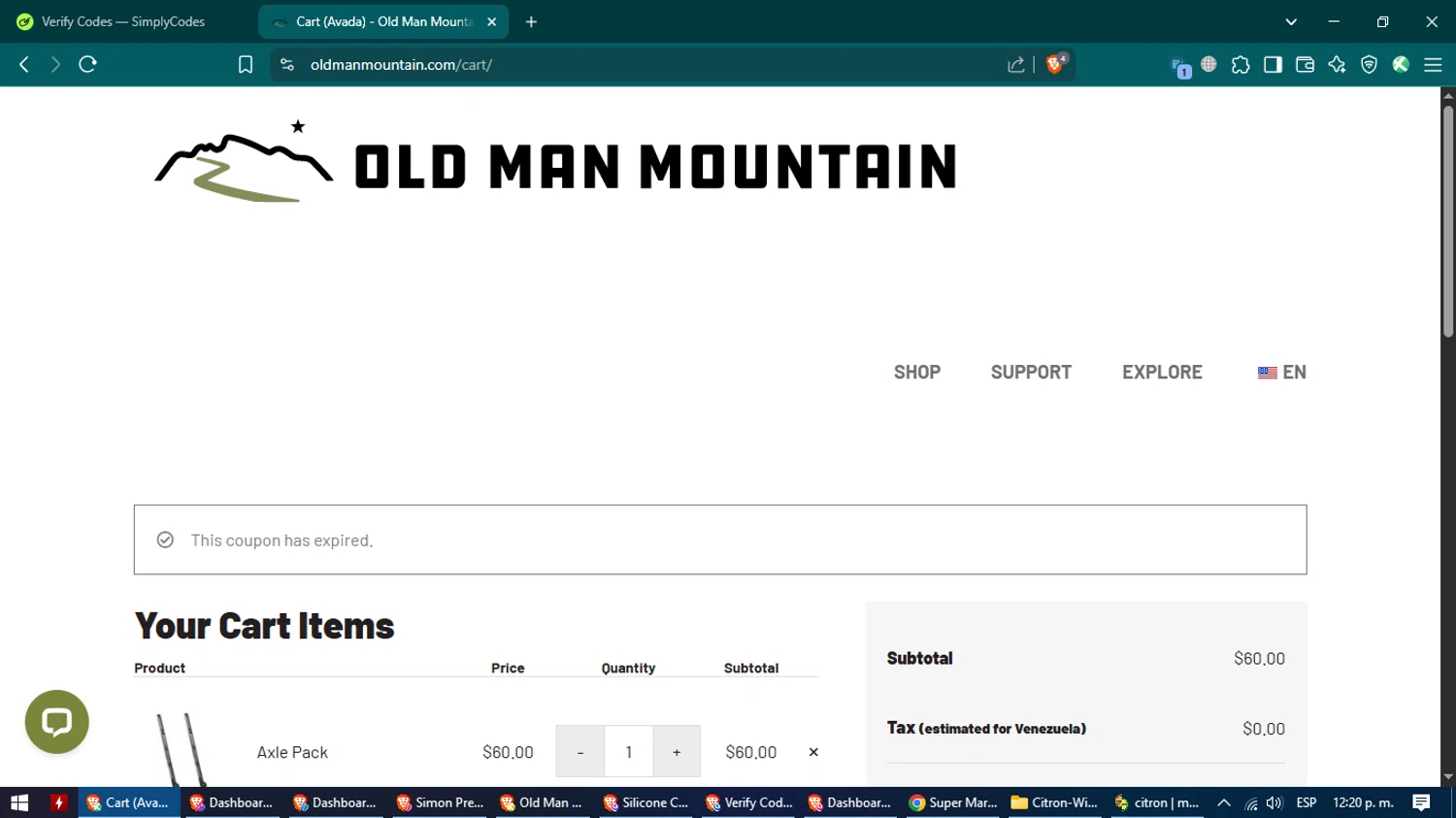 Old Man Mountain coupon code screenshot showing code MOUNTAINORDEATH applied at Old Man Mountain checkout page. Uploaded by SimplyCodes community member NobleCollector4223 on Apr 13, 2025