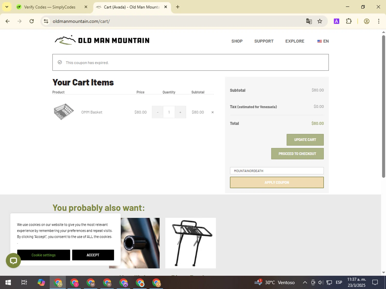 Old Man Mountain coupon code screenshot showing code MOUNTAINORDEATH applied at Old Man Mountain checkout page. Uploaded by SimplyCodes community member NobleMonarch1787 on Mar 23, 2025