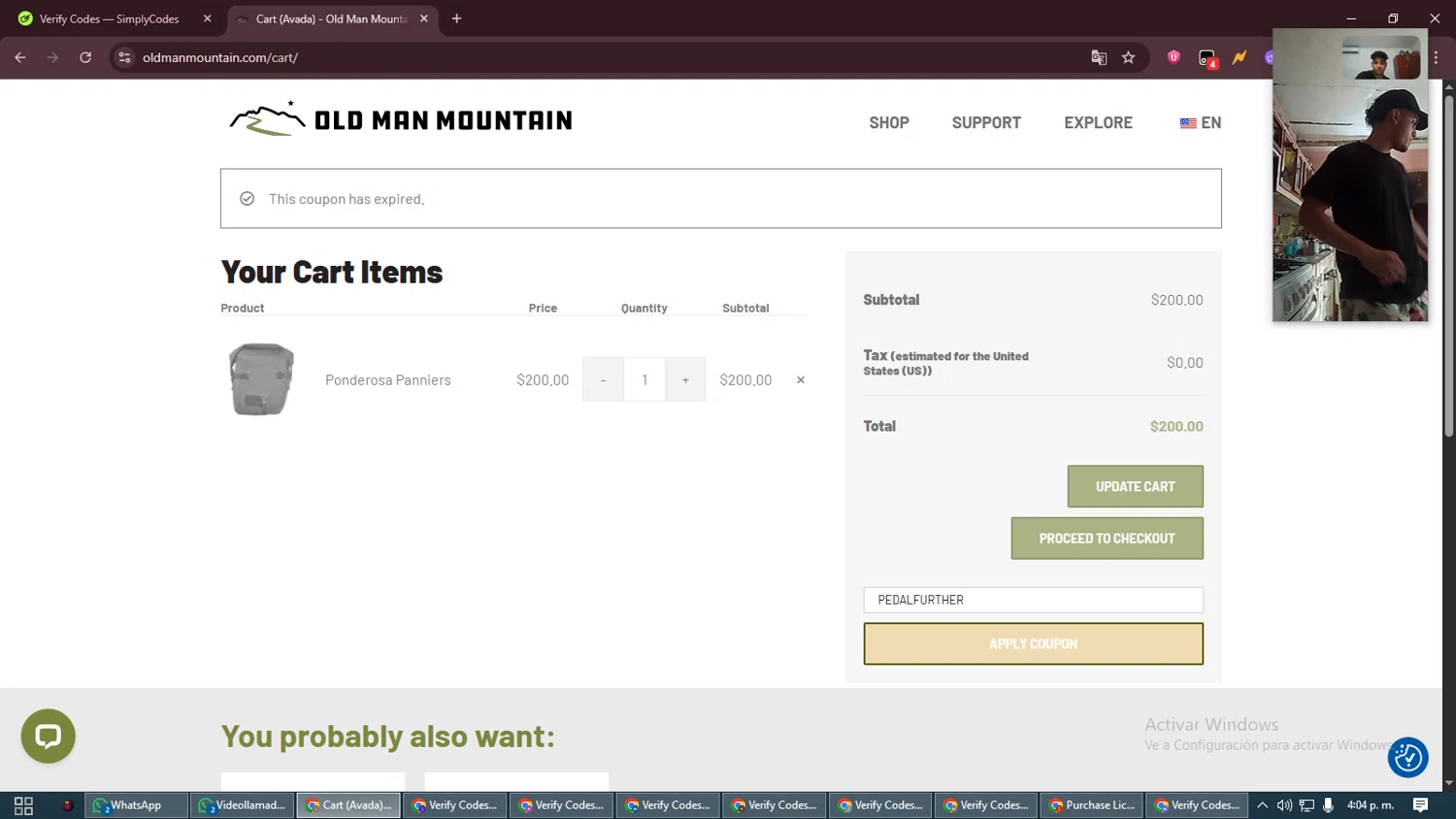 Old Man Mountain coupon code screenshot showing code PEDALFURTHER applied at Old Man Mountain checkout page. Uploaded by SimplyCodes community member ShrewdAdmiral5920 on Jul 20, 2025