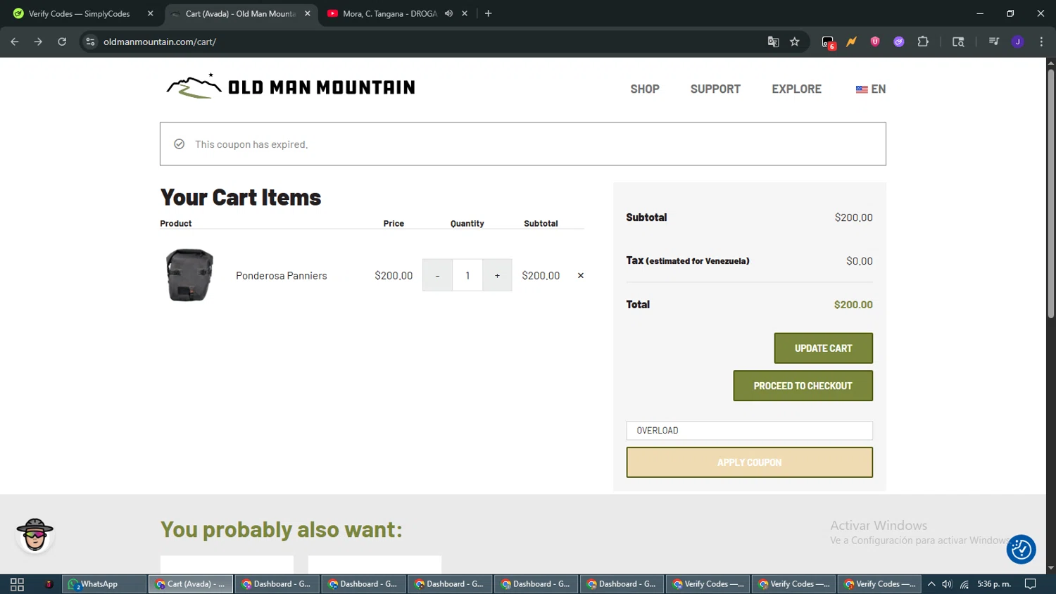 Old Man Mountain coupon code screenshot showing code OVERLOAD applied at Old Man Mountain checkout page. Uploaded by SimplyCodes community member WiseMaven9968 on Jul 22, 2025