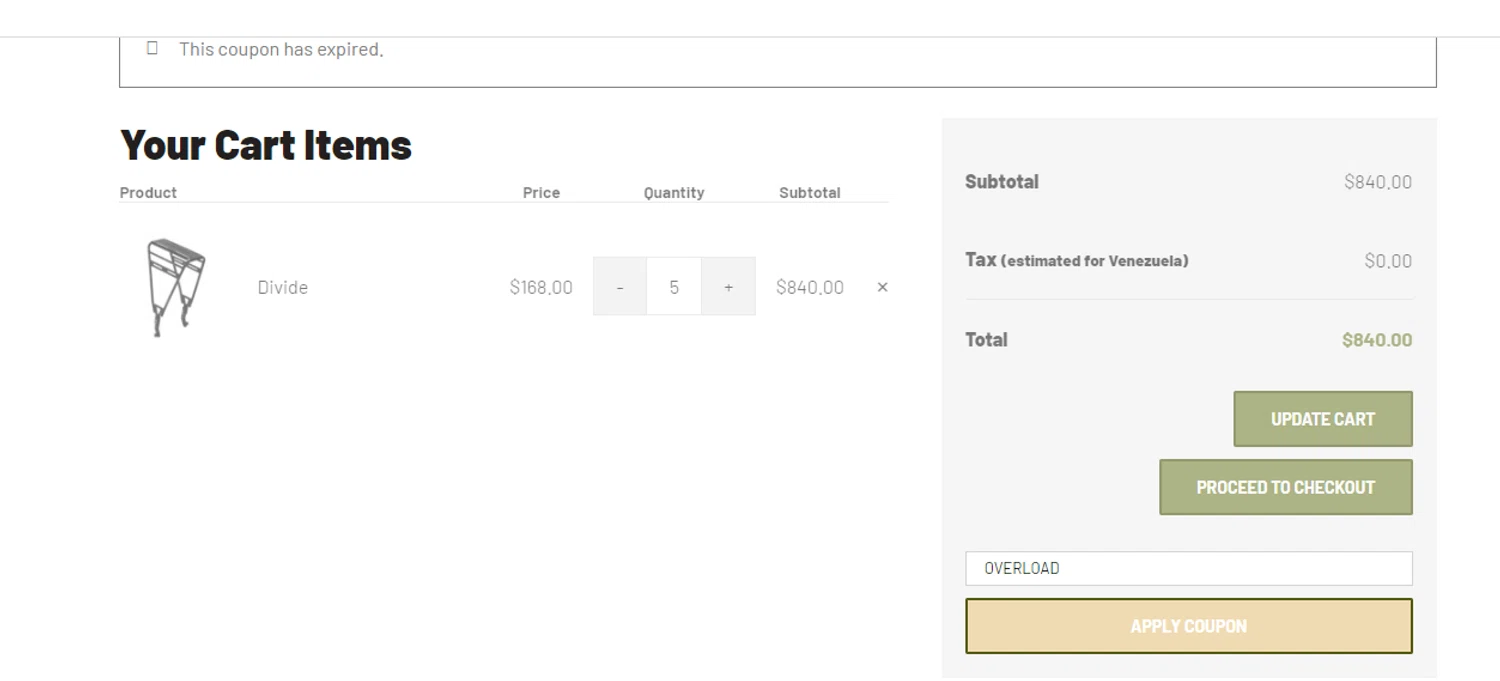 Old Man Mountain coupon code screenshot showing code OVERLOAD applied at Old Man Mountain checkout page. Uploaded by SimplyCodes community member obito1234 on Jul 22, 2025