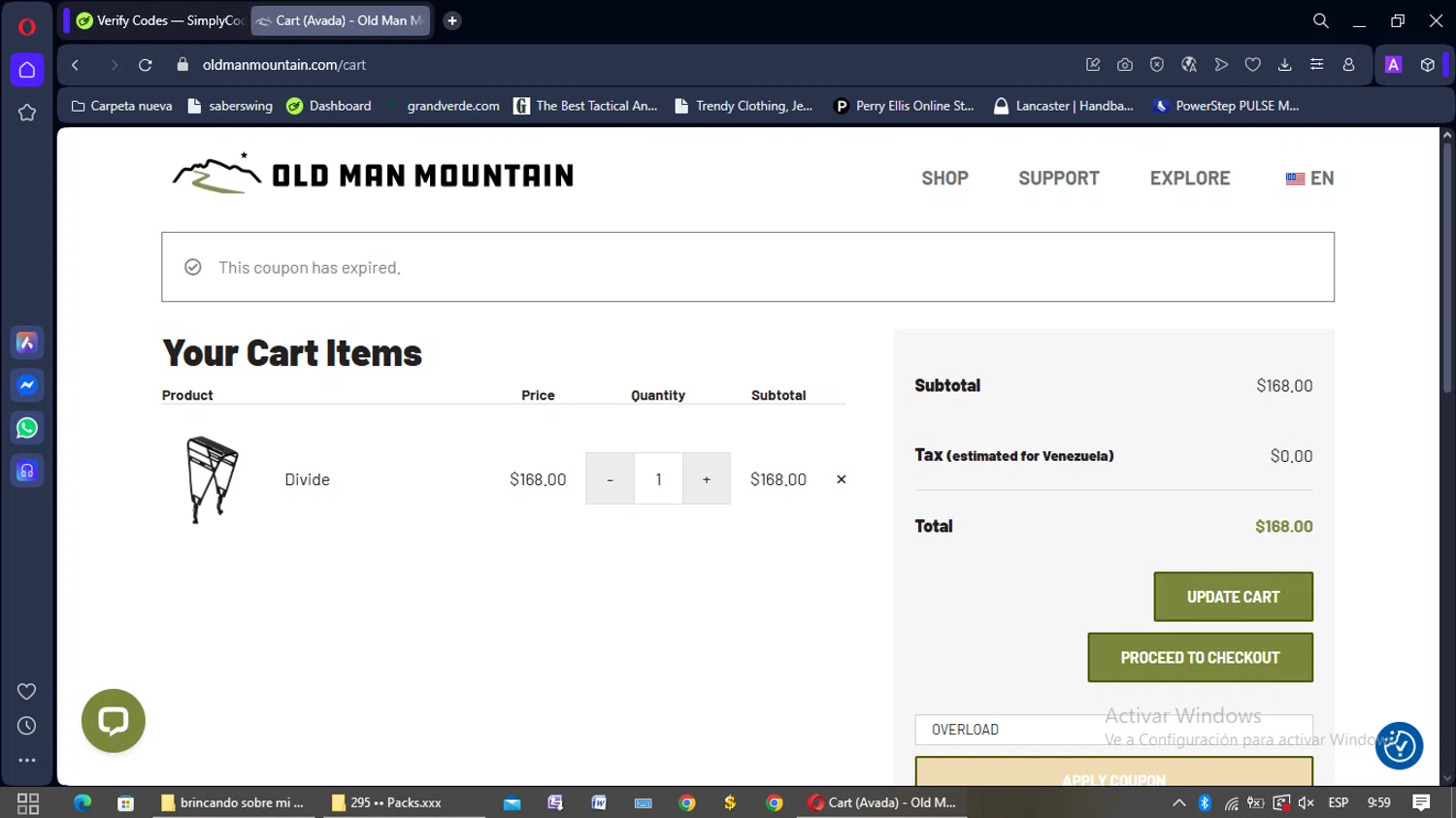 Old Man Mountain coupon code screenshot showing code OVERLOAD applied at Old Man Mountain checkout page. Uploaded by SimplyCodes community member yisusgamer on Jul 23, 2025