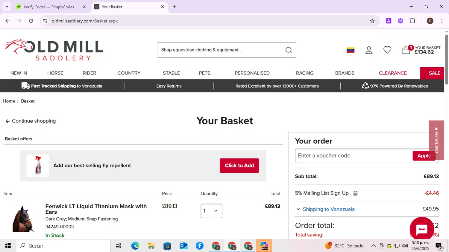 Old Mill Saddlery discount code screenshot showing code T9RRMHNCCITJ applied at Old Mill Saddlery checkout page. Uploaded by SimplyCodes community member QuestPhoenix2794 on Jun 26, 2025