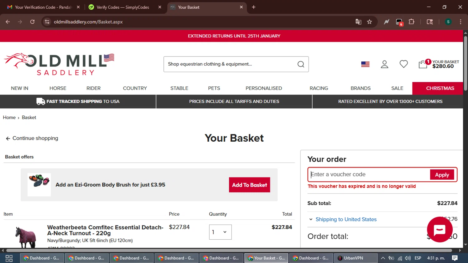 Old Mill Saddlery discount code screenshot showing code T9RRMHNCCITJ applied at Old Mill Saddlery checkout page. Uploaded by SimplyCodes community member ShrewdAce7935 on Nov 22, 2025