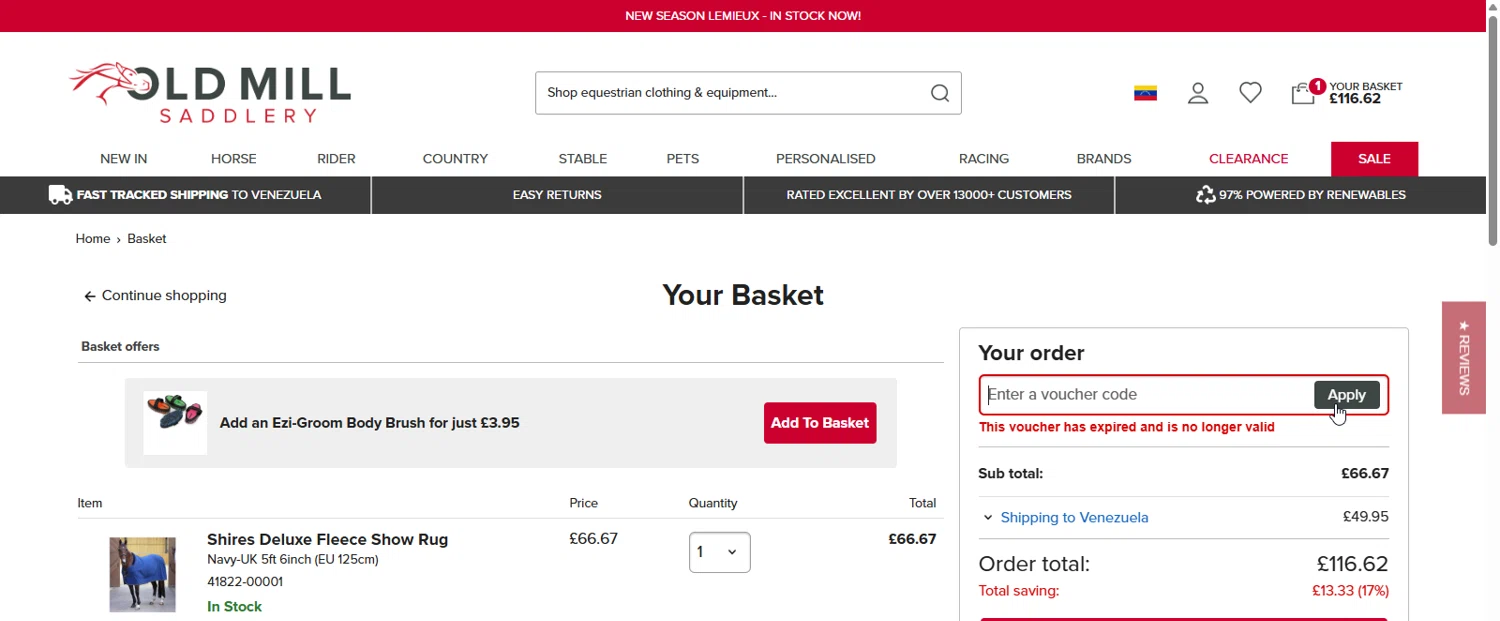 Old Mill Saddlery discount code screenshot showing code TECH10 applied at Old Mill Saddlery checkout page. Uploaded by SimplyCodes community member Franklincodes on Sep 15, 2025