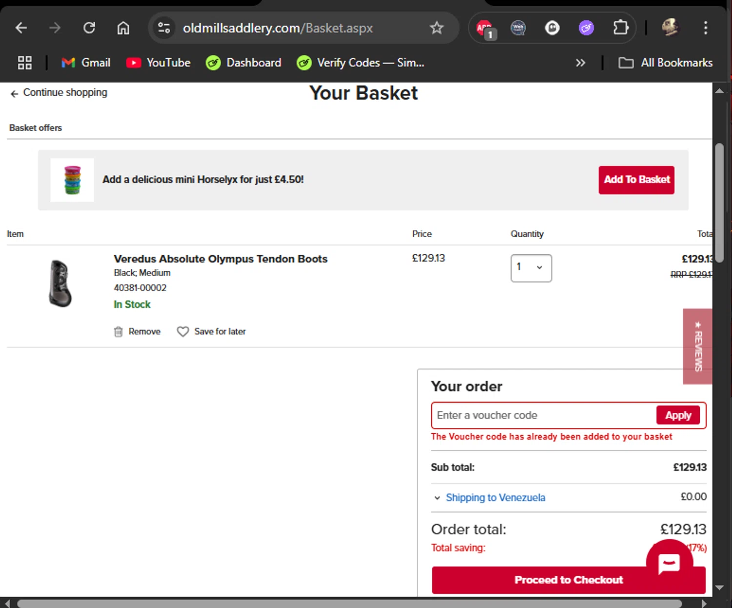 Old Mill Saddlery checkout page showing Old Mill Saddlery discount code box | Screenshot taken by SimplyCodes community member on Sep 4, 2025
