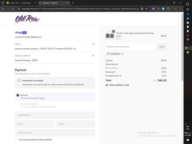 Old Row checkout page showing Old Row discount code box | Screenshot taken by SimplyCodes community member on Jul 4, 2024