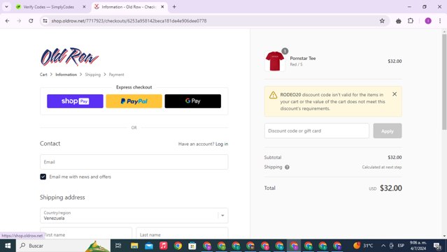 Old Row checkout page showing Old Row discount code box | Screenshot taken by SimplyCodes community member on Jul 4, 2024