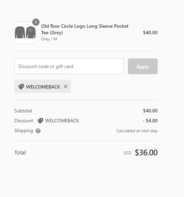 Old Row checkout page showing Old Row discount code box | Screenshot taken by SimplyCodes community member on Jul 4, 2024