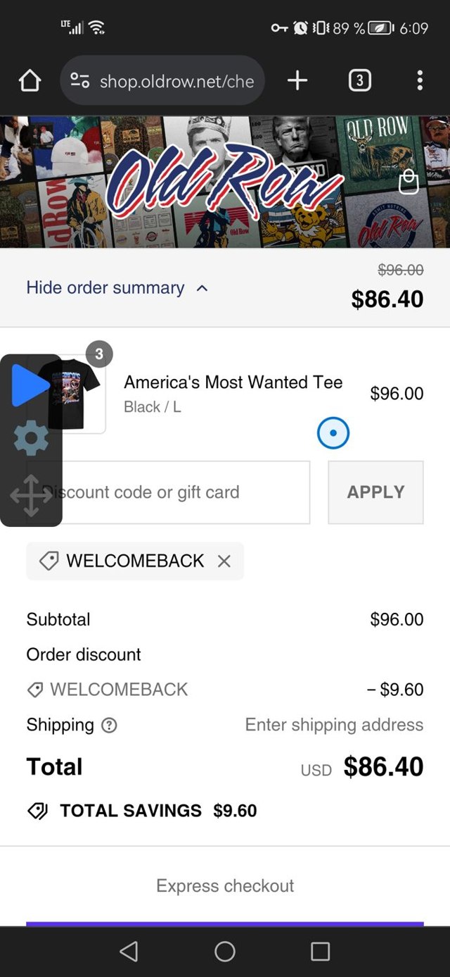 Old Row checkout page showing Old Row discount code box | Screenshot taken by SimplyCodes community member on Aug 9, 2024