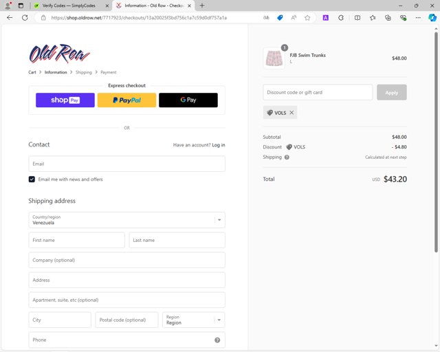 Old Row checkout page showing Old Row discount code box | Screenshot taken by SimplyCodes community member on Jul 11, 2024