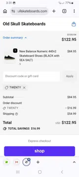 TWENTY coupon verification screenshot