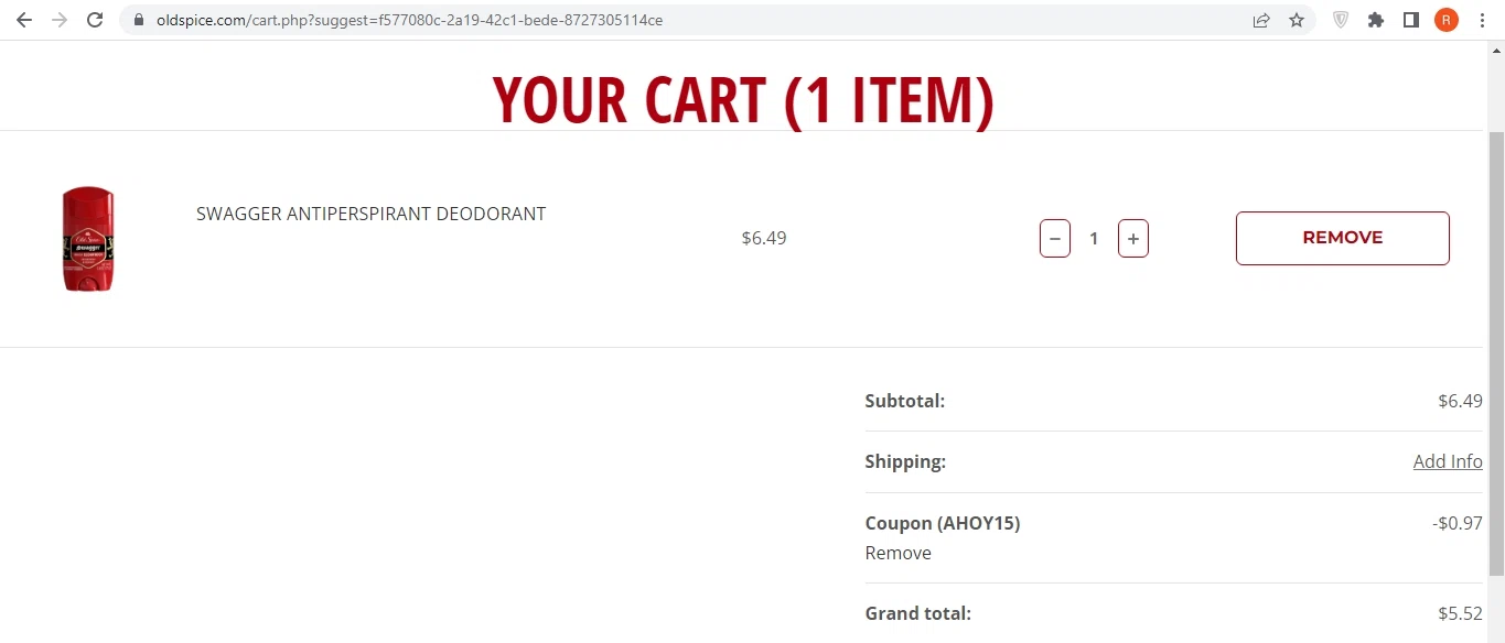 Old Spice checkout page showing Old Spice coupon code box | Screenshot taken by SimplyCodes community member on May 7, 2023