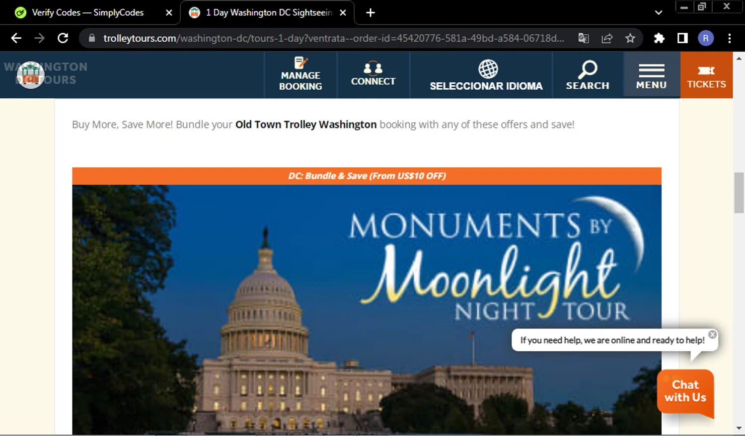 Old Town Trolley Tours promo code screenshot showing code WDC5OFFCB24 applied at Old Town Trolley Tours checkout page. Uploaded by SimplyCodes community member ValueCurator4241 on Feb 26, 2025