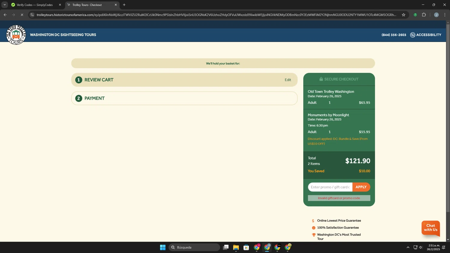 Old Town Trolley Tours promo code screenshot showing code WDC5OFFCB24 applied at Old Town Trolley Tours checkout page. Uploaded by SimplyCodes community member Khaiden on Feb 26, 2025