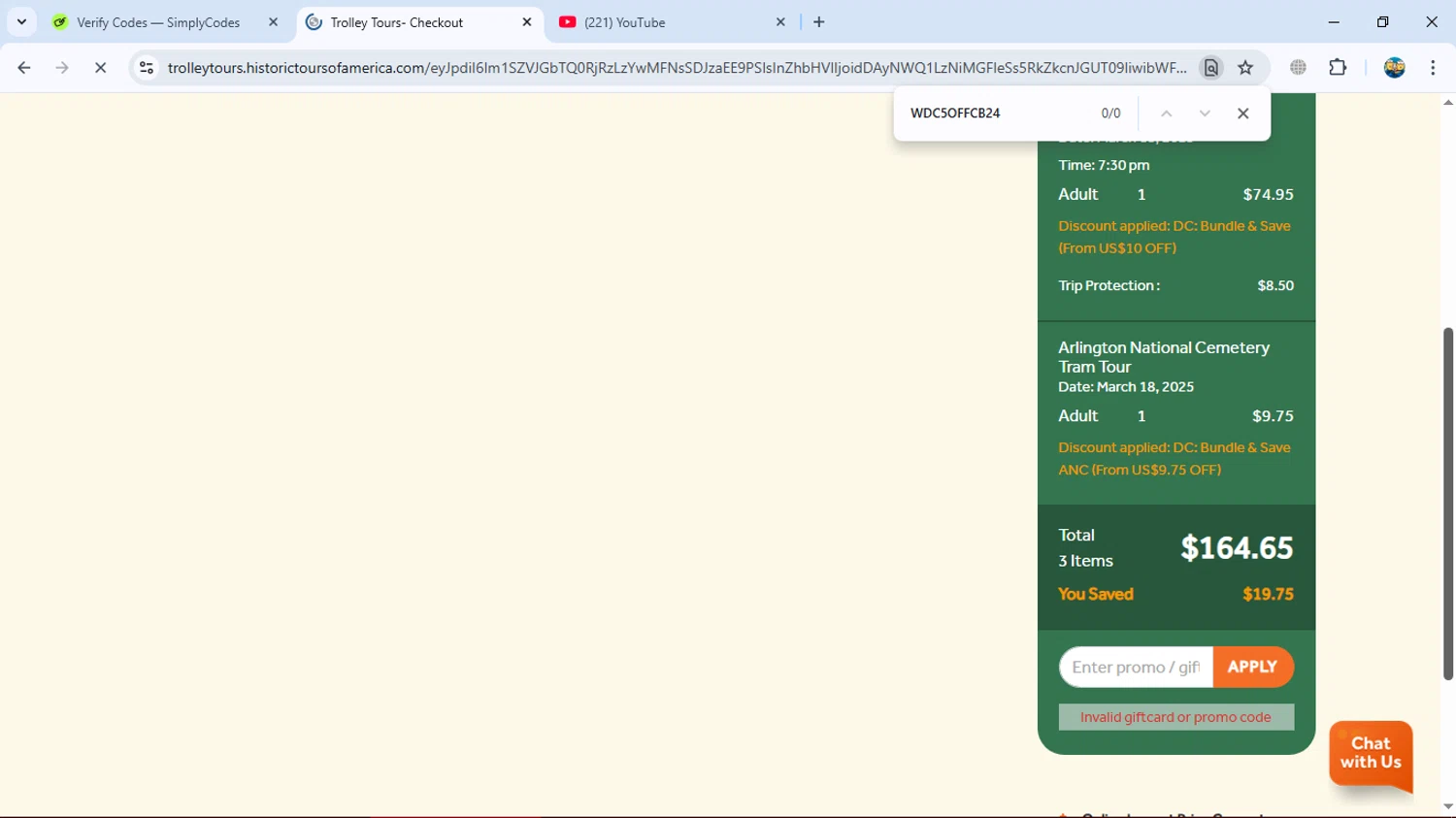 Old Town Trolley Tours promo code screenshot showing code WDC5OFFCB24 applied at Old Town Trolley Tours checkout page. Uploaded by SimplyCodes community member gleykerjose on Mar 18, 2025