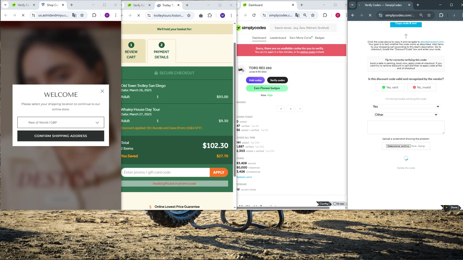 Old Town Trolley Tours promo code screenshot showing code SAN5OFFVD25 applied at Old Town Trolley Tours checkout page. Uploaded by SimplyCodes community member CRF250CC on Mar 13, 2025