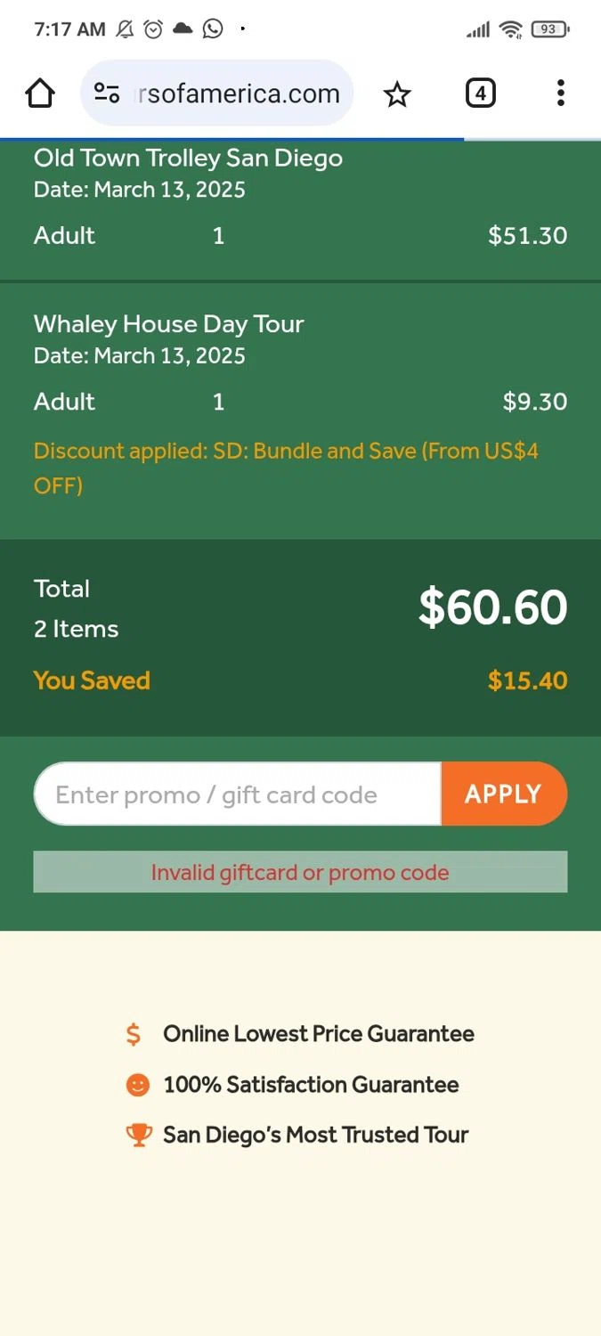 Old Town Trolley Tours promo code screenshot showing code SAN5OFFVD25 applied at Old Town Trolley Tours checkout page. Uploaded by SimplyCodes community member PromoMaven605 on Mar 13, 2025