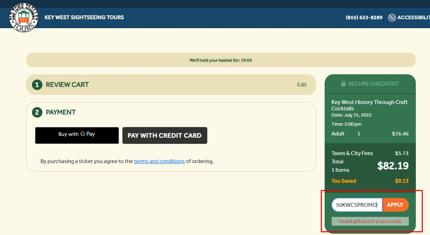 Old Town Trolley Tours promo code screenshot showing code 50KWCSPROMO applied at Old Town Trolley Tours checkout page. Uploaded by SimplyCodes community member Volibear on Jul 3, 2025