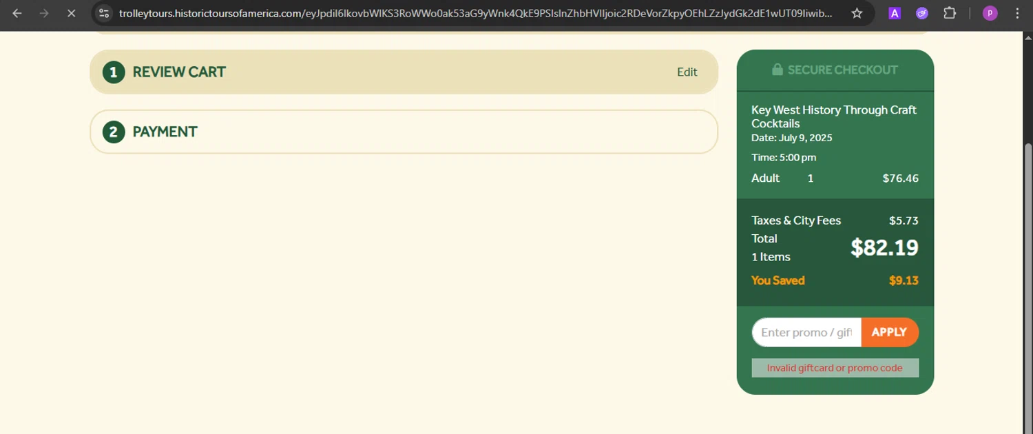Old Town Trolley Tours promo code screenshot showing code 50KWCSPROMO applied at Old Town Trolley Tours checkout page. Uploaded by SimplyCodes community member firoas on Jul 3, 2025