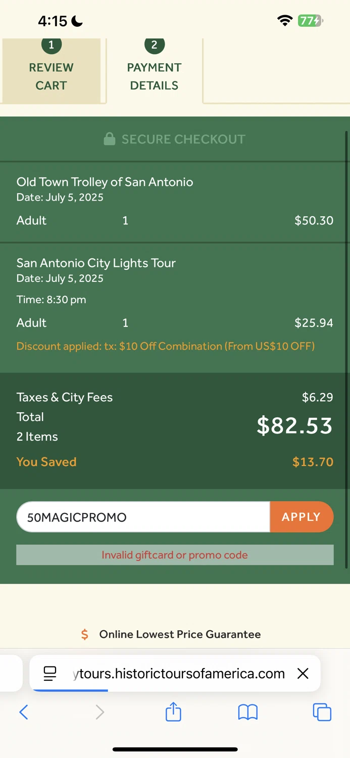 Old Town Trolley Tours promo code screenshot showing code 50MAGICPROMO applied at Old Town Trolley Tours checkout page. Uploaded by SimplyCodes community member Angel162007 on Jul 5, 2025