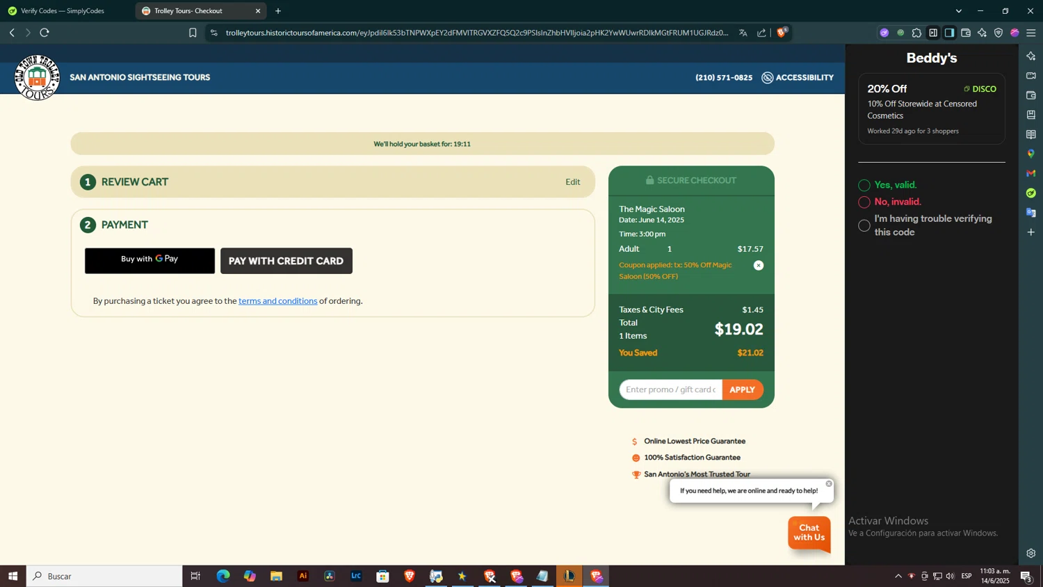 Old Town Trolley Tours promo code screenshot showing code 50MAGICPROMO applied at Old Town Trolley Tours checkout page. Uploaded by SimplyCodes community member BOLITAS on Jun 14, 2025