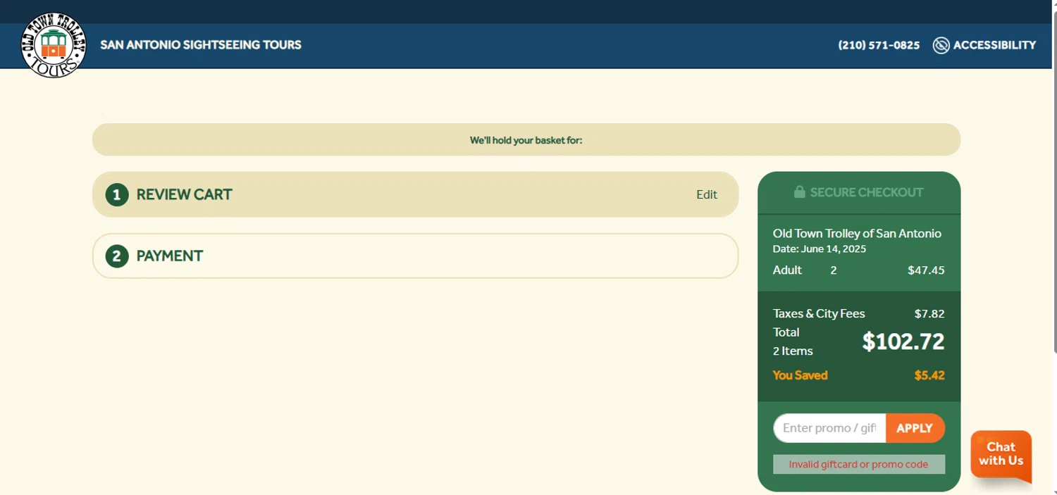 Old Town Trolley Tours promo code screenshot showing code 50MAGICPROMO applied at Old Town Trolley Tours checkout page. Uploaded by SimplyCodes community member peachee on Jun 14, 2025
