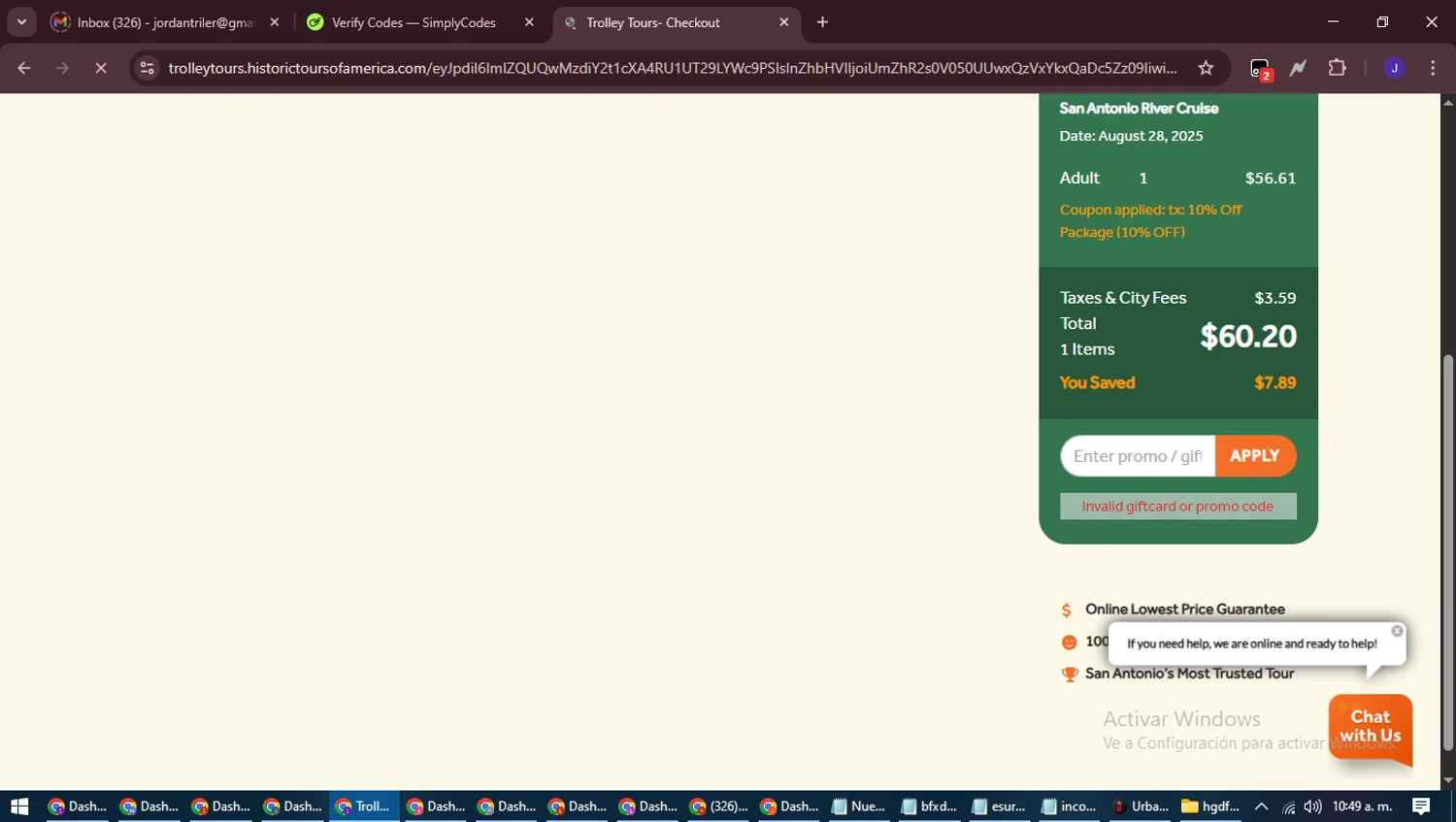 Old Town Trolley Tours promo code screenshot showing code SATX10 applied at Old Town Trolley Tours checkout page. Uploaded by SimplyCodes community member LegendaryLegend9872 on Aug 28, 2025