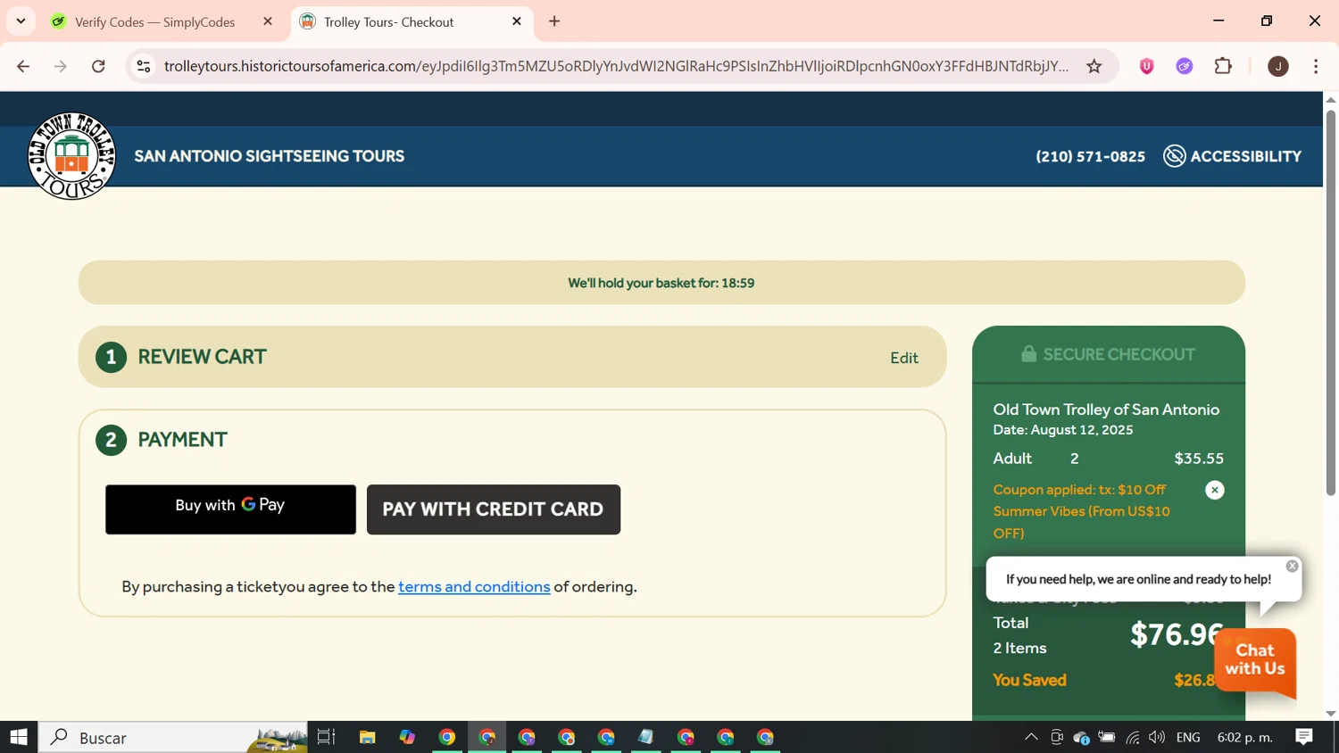 Old Town Trolley Tours promo code screenshot showing code SATX10 applied at Old Town Trolley Tours checkout page. Uploaded by SimplyCodes community member PrimeGenius2371 on Aug 11, 2025