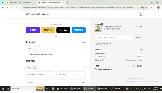 Old World Christmas checkout page showing Old World Christmas discount code box | Screenshot taken by SimplyCodes community member on Sep 2, 2025